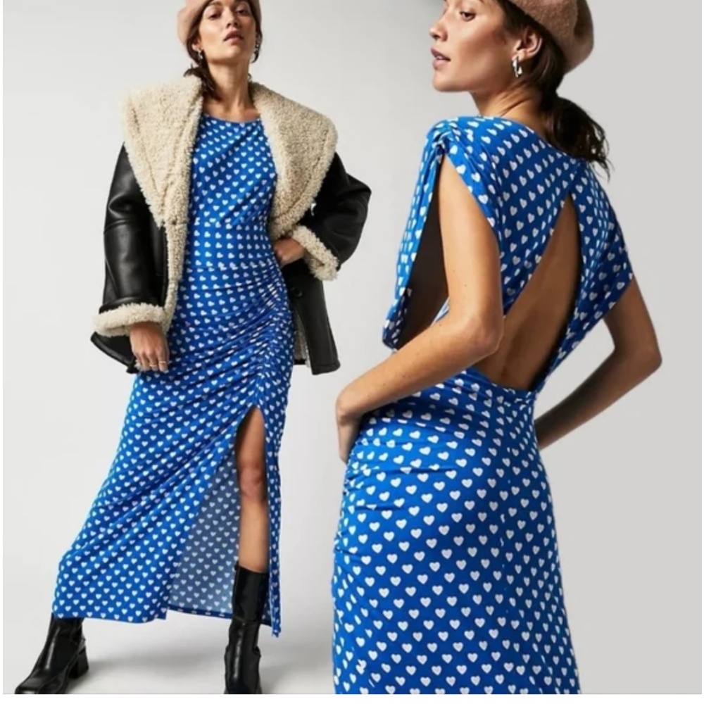 Free People Lakeside Printed Midi Dress Blue Hearts Stretch Ruched Small